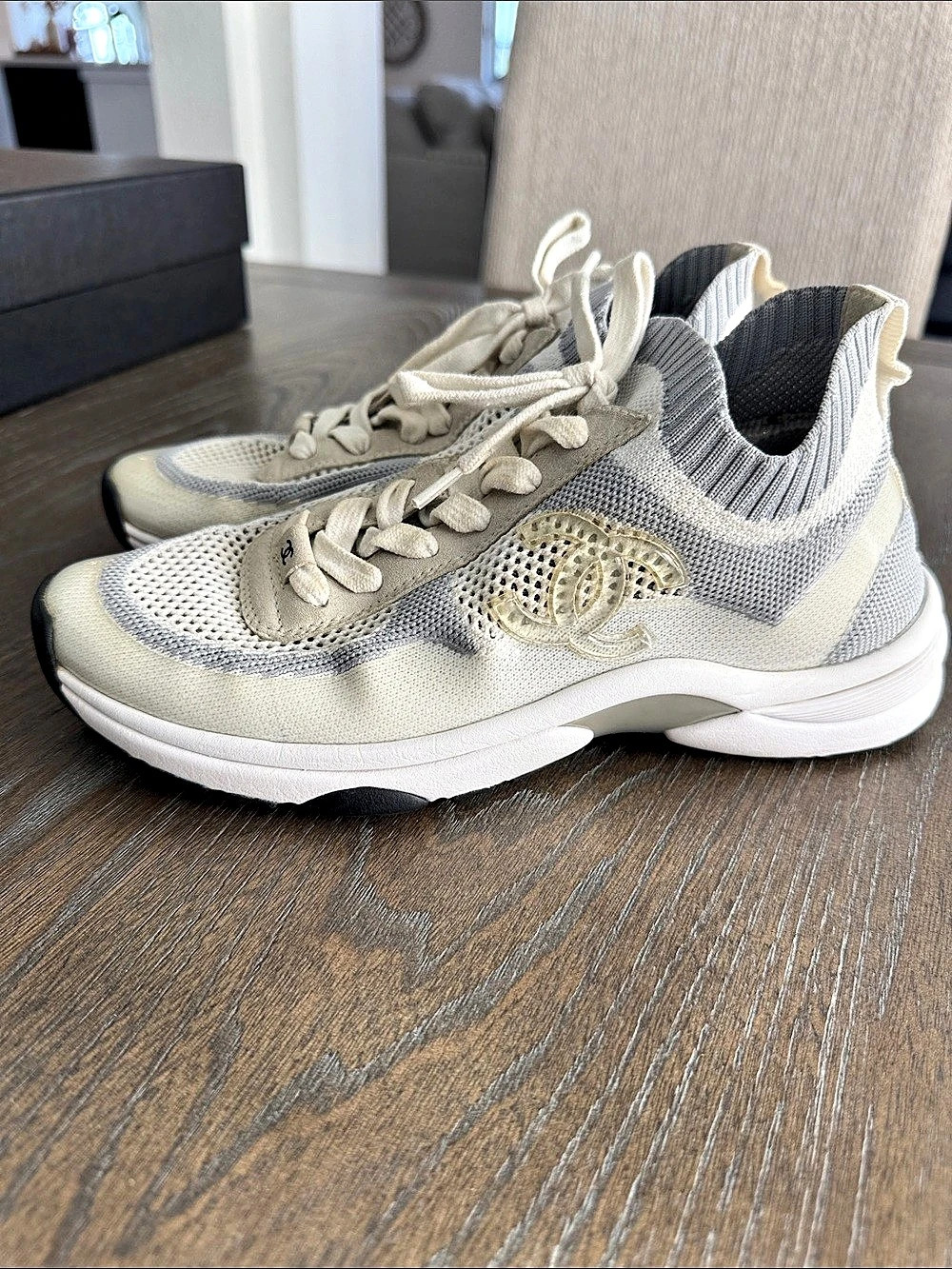 CHANEL CC Knit Sneakers Gray Beige Size 38 Designer Sneakers